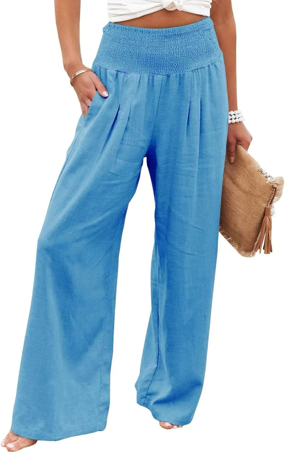 Womens Wide Leg Linen Pants 2025 Baggy Y2K Summer Stretchy Boho Beach Pants Relaxed Loose Fit Elastic Lightweight Trousers