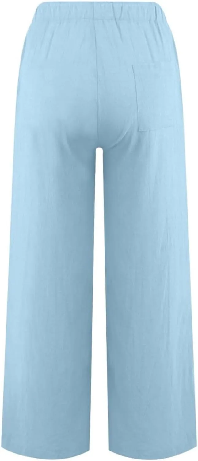Womens Wide Leg Linen Pants Casual Summer Drawstring Flowy Palazzo Elastic High Waisted Loose Beach Trousers