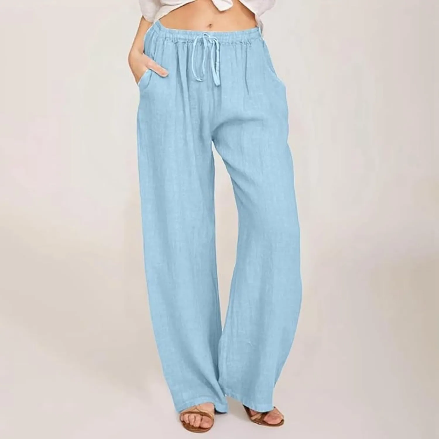 Womens Wide Leg Linen Pants Casual Summer Drawstring Flowy Palazzo Elastic High Waisted Loose Beach Trousers