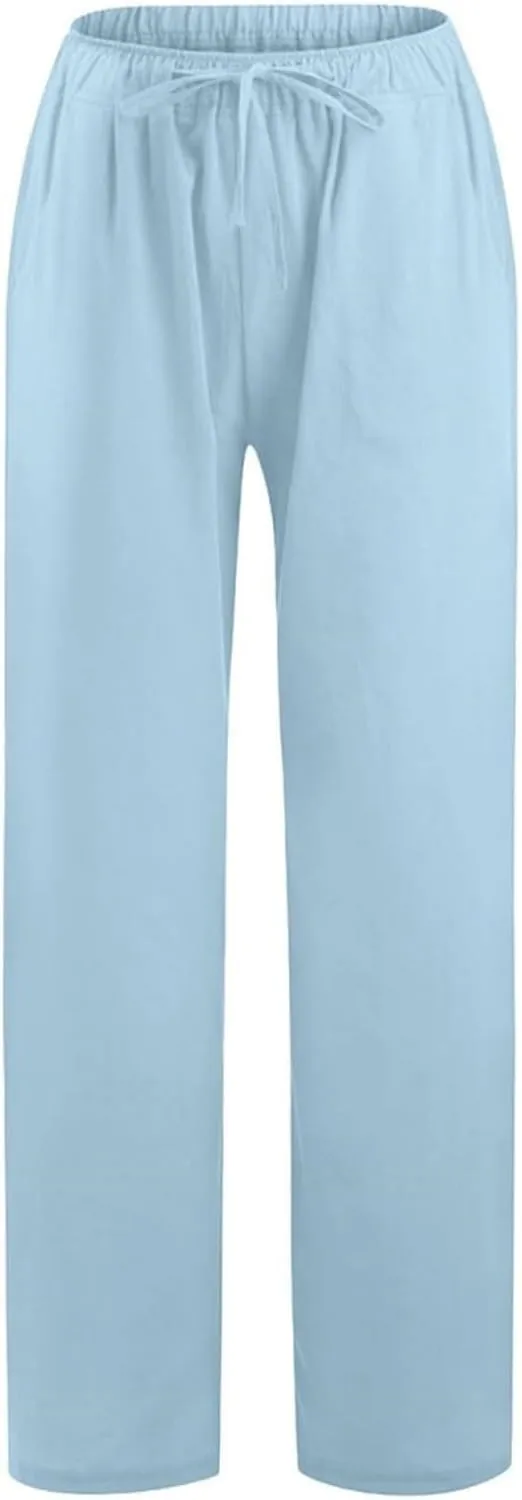 Womens Wide Leg Linen Pants Casual Summer Drawstring Flowy Palazzo Elastic High Waisted Loose Beach Trousers