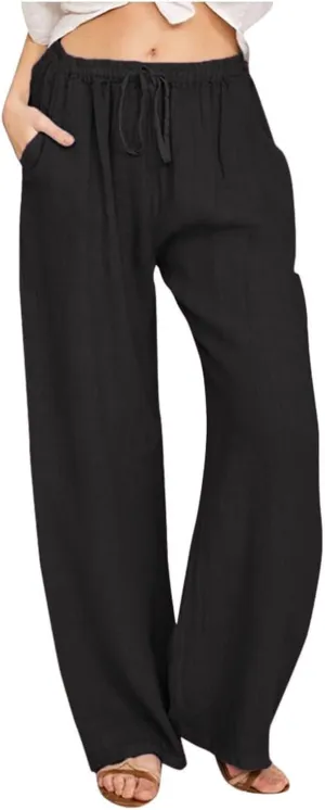 Womens Wide Leg Linen Pants Casual Summer Drawstring Flowy Palazzo Elastic High Waisted Loose Beach Trousers