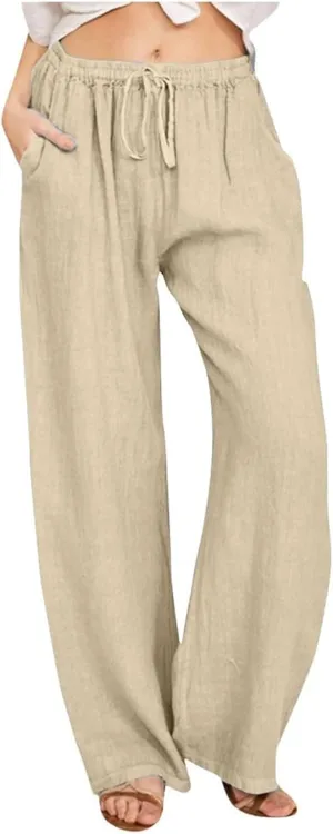 Womens Wide Leg Linen Pants Casual Summer Drawstring Flowy Palazzo Elastic High Waisted Loose Beach Trousers