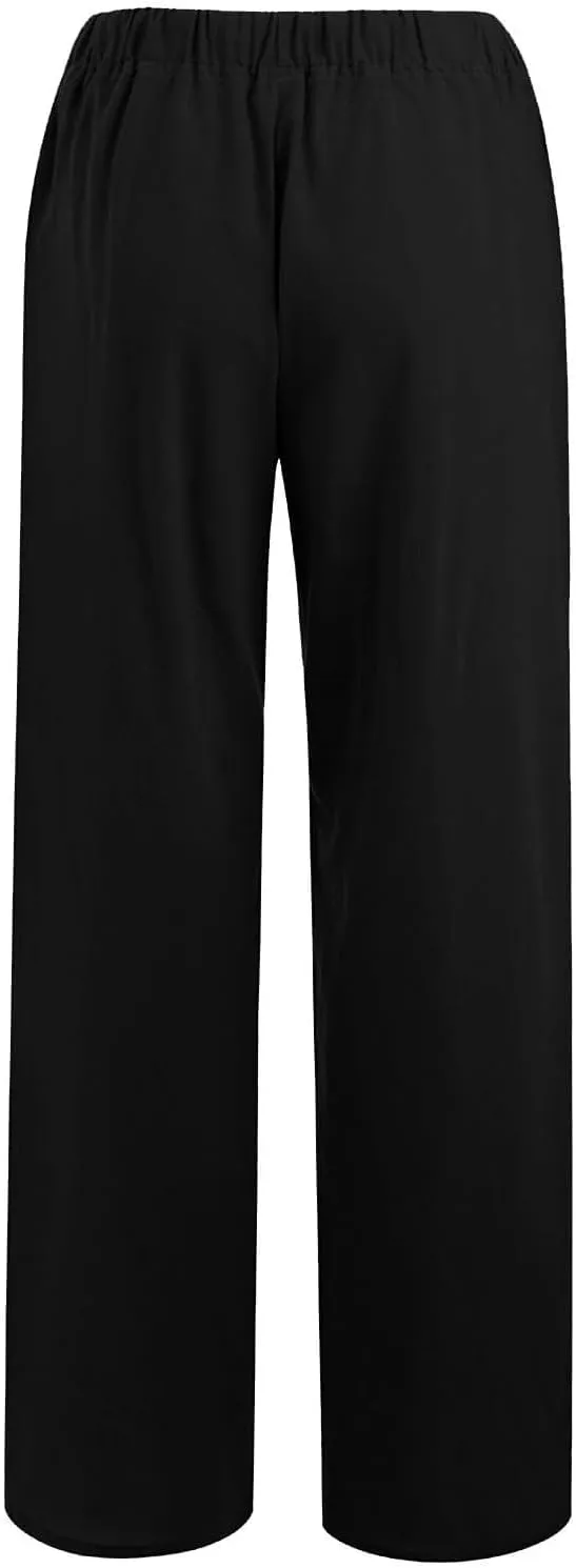 Womens Wide Leg Linen Pants Casual Summer Drawstring Flowy Palazzo Elastic High Waisted Loose Beach Trousers