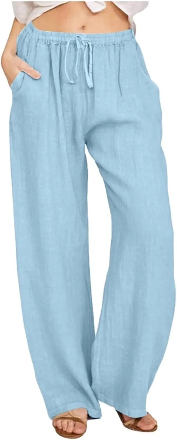 Womens Wide Leg Linen Pants Casual Summer Drawstring Flowy Palazzo Elastic High Waisted Loose Beach Trousers