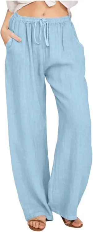 Womens Wide Leg Linen Pants Casual Summer Drawstring Flowy Palazzo Elastic High Waisted Loose Beach Trousers