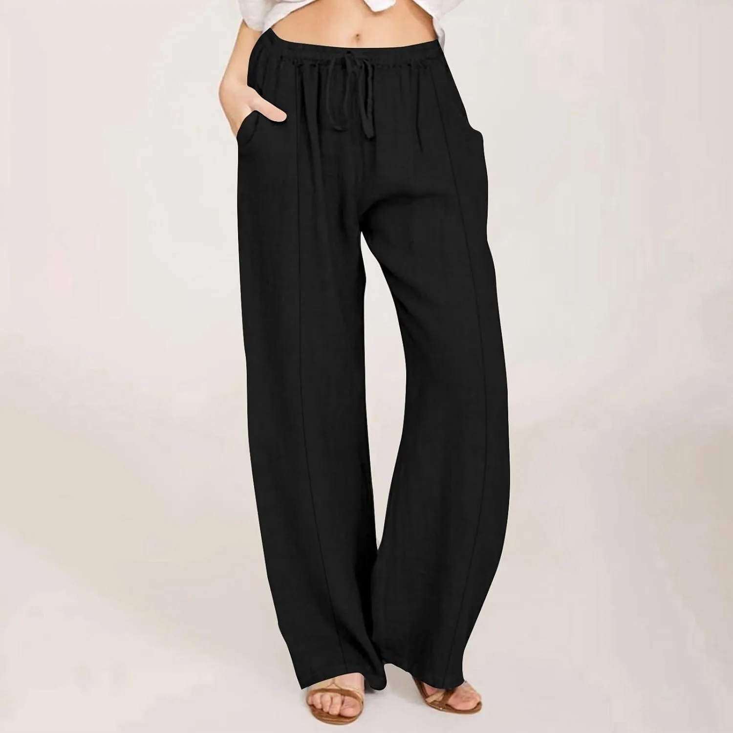 Womens Wide Leg Linen Pants Casual Summer Drawstring Flowy Palazzo Elastic High Waisted Loose Beach Trousers
