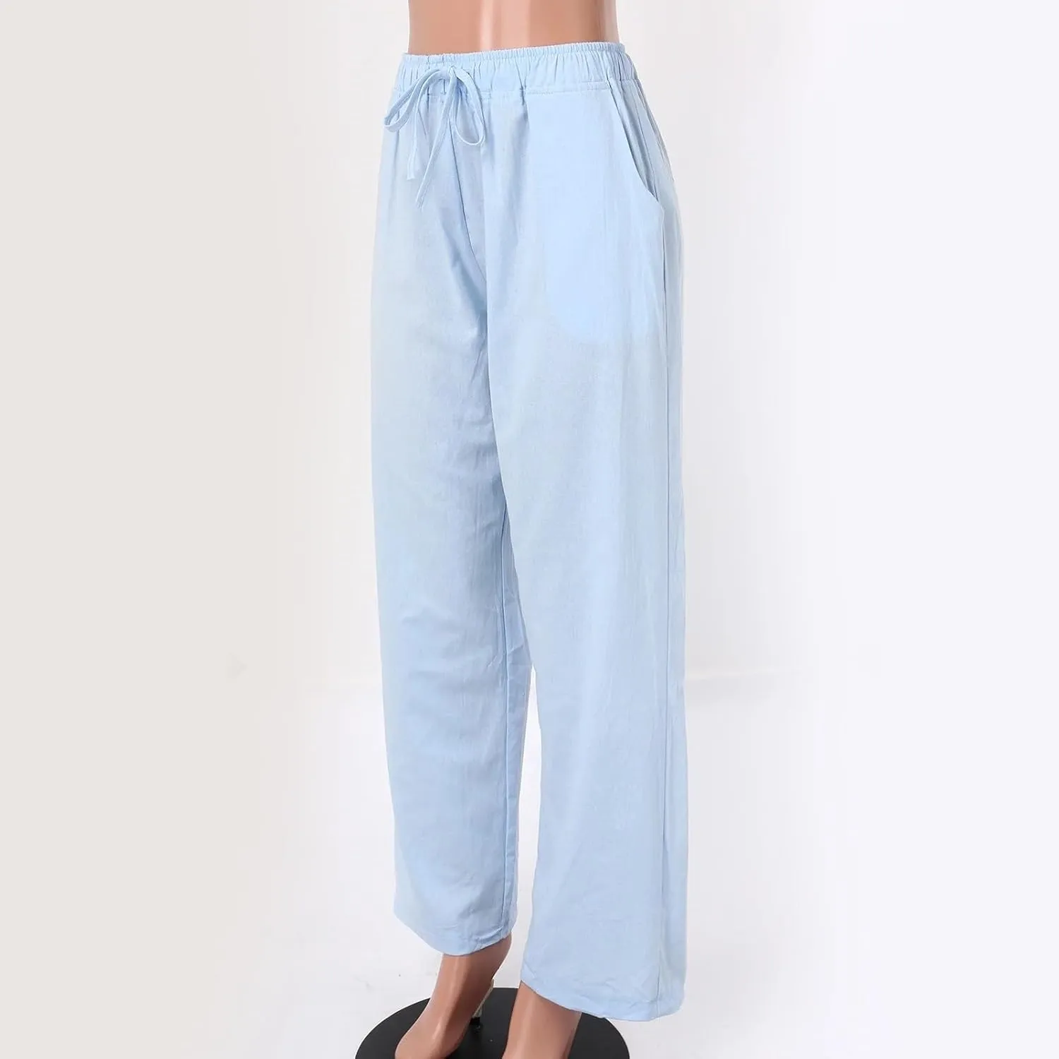 Womens Wide Leg Linen Pants Casual Summer Drawstring Flowy Palazzo Elastic High Waisted Loose Beach Trousers