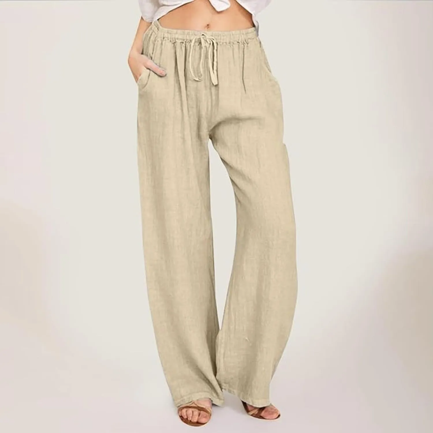 Womens Wide Leg Linen Pants Casual Summer Drawstring Flowy Palazzo Elastic High Waisted Loose Beach Trousers