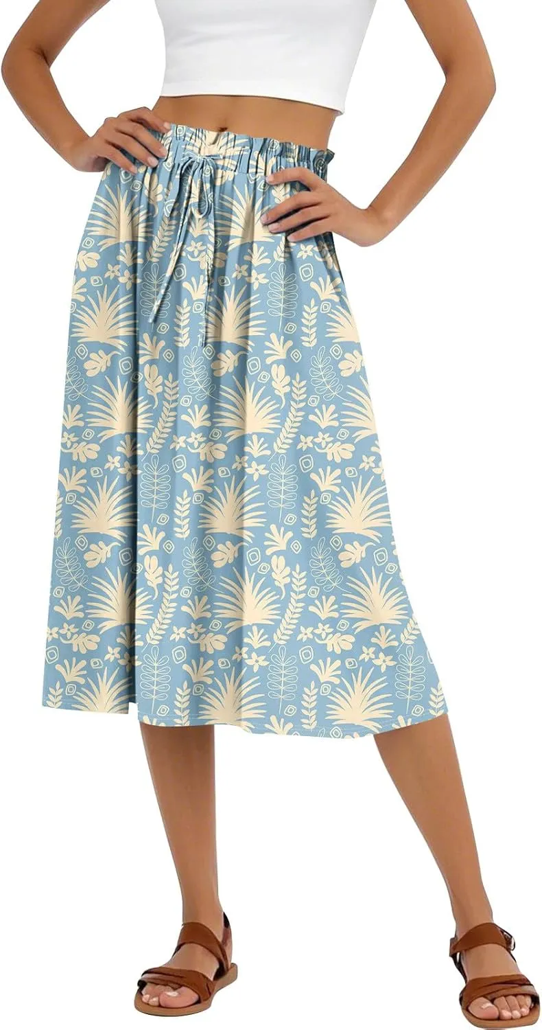 Womens Work Skirts Summer Drawstring Elastic Waist Midi Skirt Work A Line Floral Print Smocked Knee Length Skirts