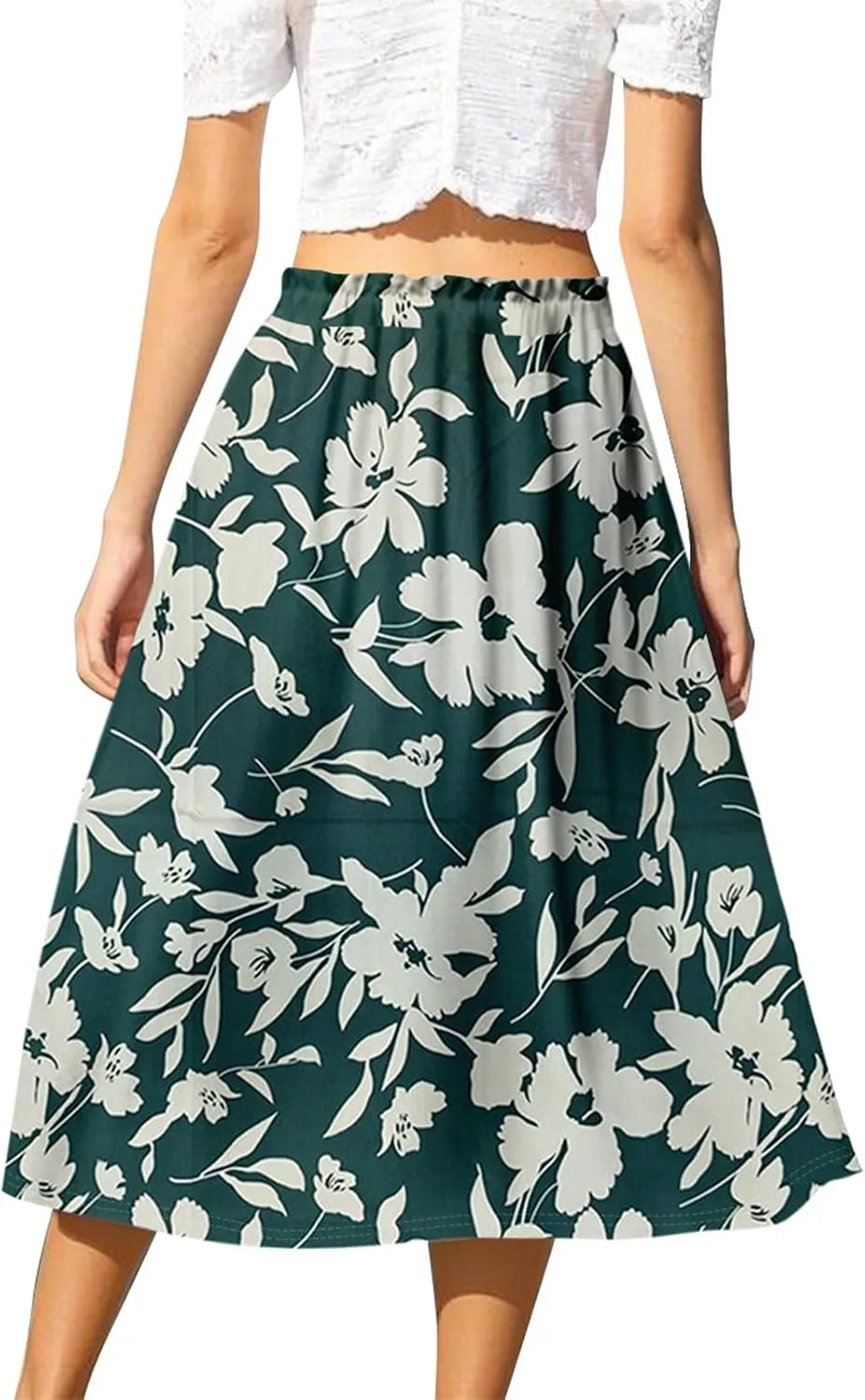 Womens Work Skirts Summer Drawstring Elastic Waist Midi Skirt Work A Line Floral Print Smocked Knee Length Skirts