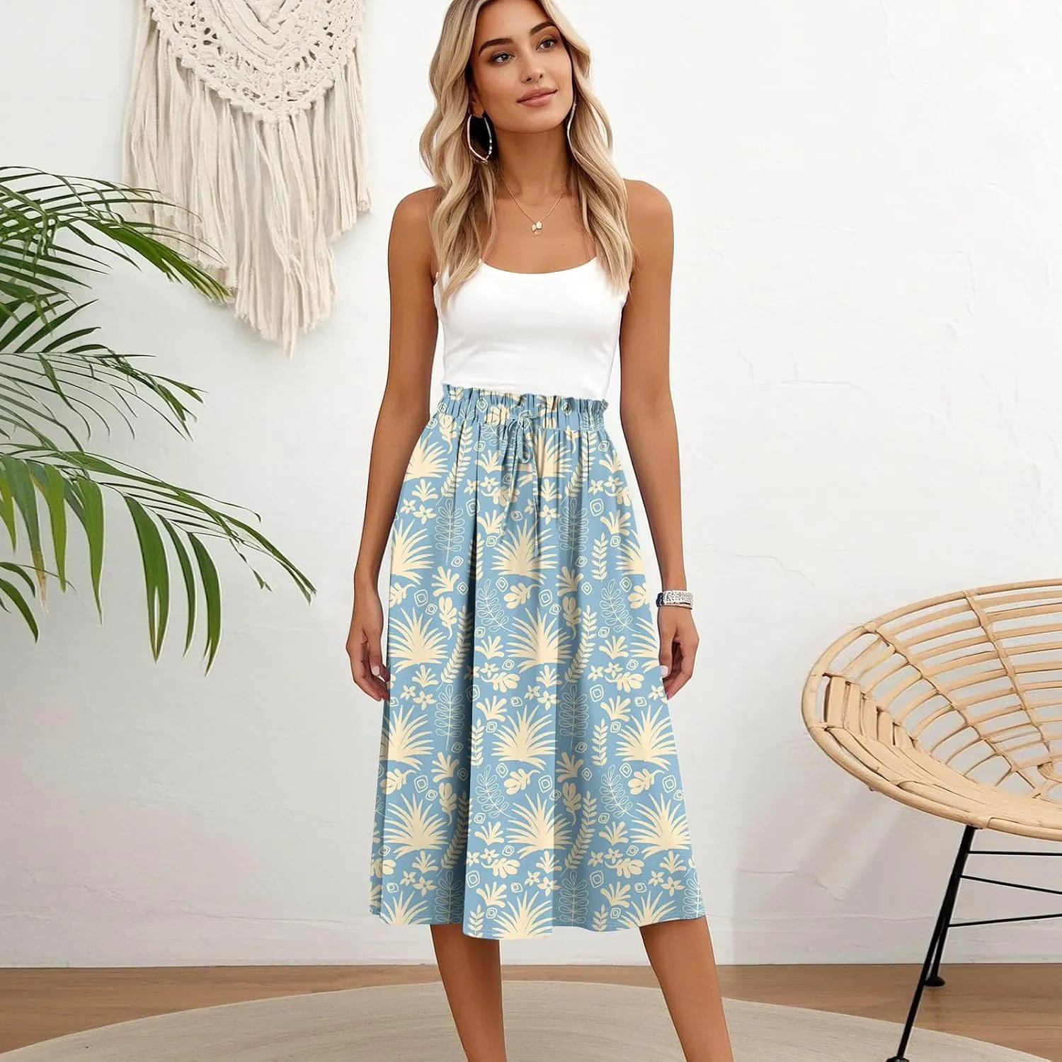 Womens Work Skirts Summer Drawstring Elastic Waist Midi Skirt Work A Line Floral Print Smocked Knee Length Skirts