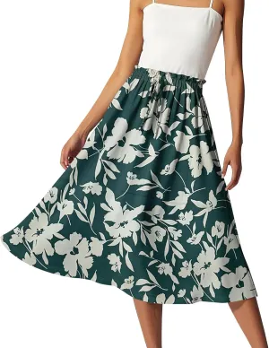 Womens Work Skirts Summer Drawstring Elastic Waist Midi Skirt Work A Line Floral Print Smocked Knee Length Skirts