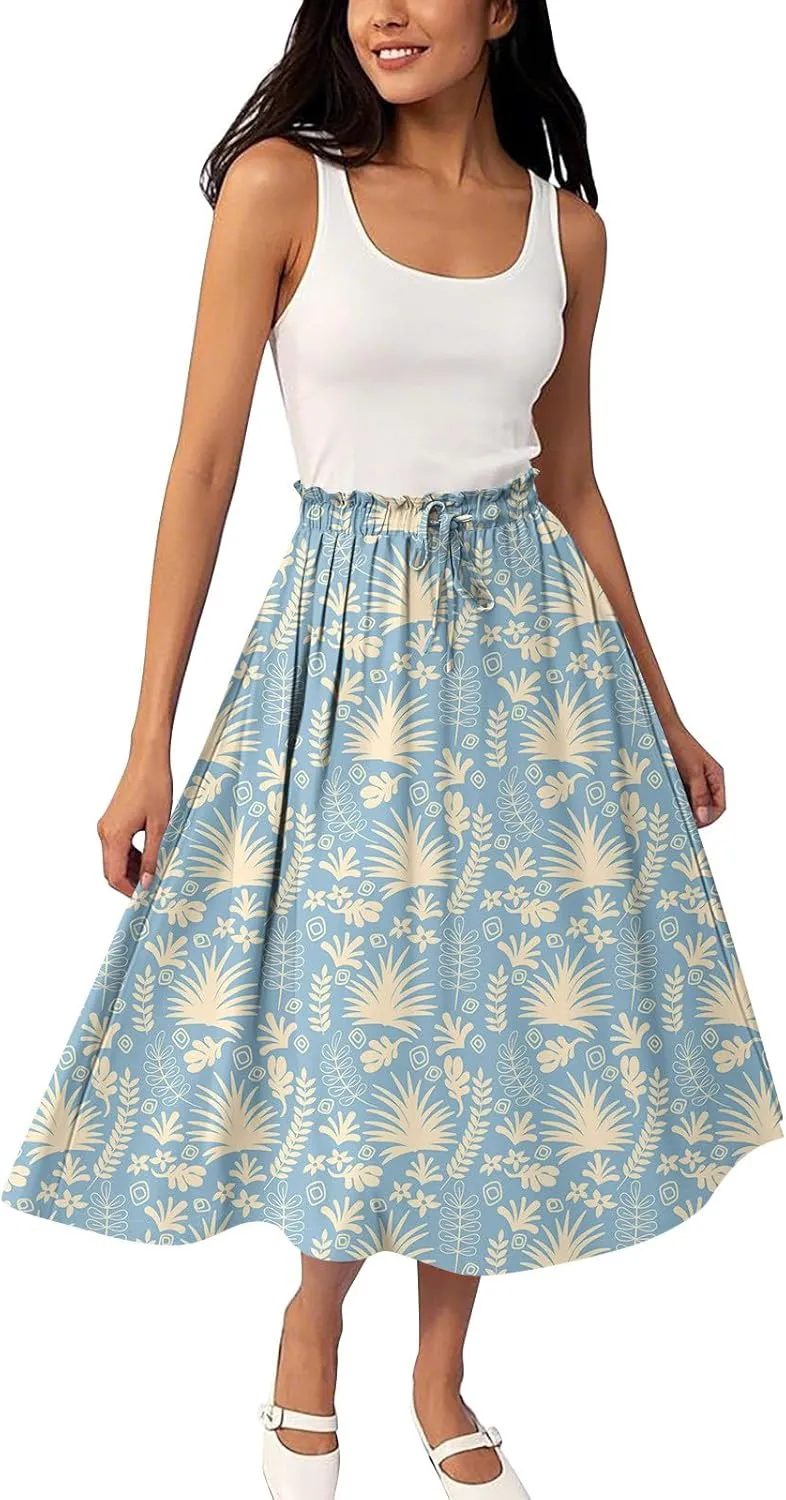 Womens Work Skirts Summer Drawstring Elastic Waist Midi Skirt Work A Line Floral Print Smocked Knee Length Skirts