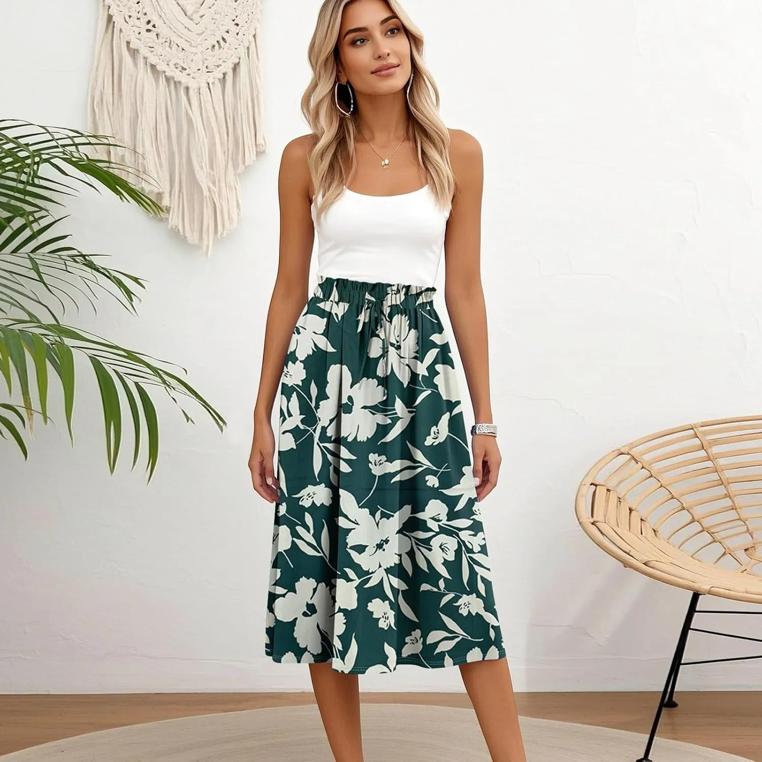 Womens Work Skirts Summer Drawstring Elastic Waist Midi Skirt Work A Line Floral Print Smocked Knee Length Skirts