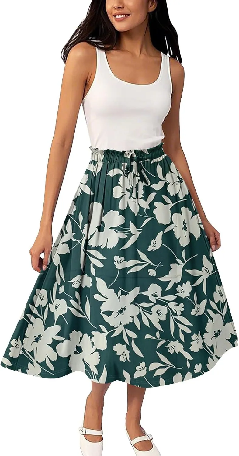 Womens Work Skirts Summer Drawstring Elastic Waist Midi Skirt Work A Line Floral Print Smocked Knee Length Skirts