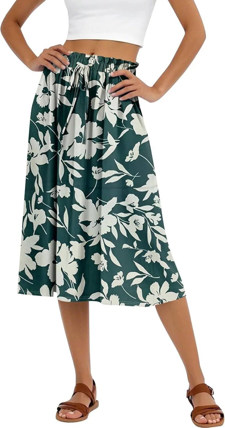 Womens Work Skirts Summer Drawstring Elastic Waist Midi Skirt Work A Line Floral Print Smocked Knee Length Skirts