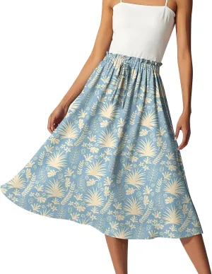 Womens Work Skirts Summer Drawstring Elastic Waist Midi Skirt Work A Line Floral Print Smocked Knee Length Skirts