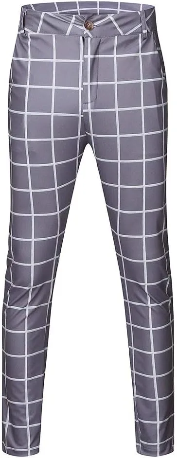 WUAI-Men Chino Pants Elastic Waist Slim Fit Stretch Flat-Front Skinny Plaid Pants