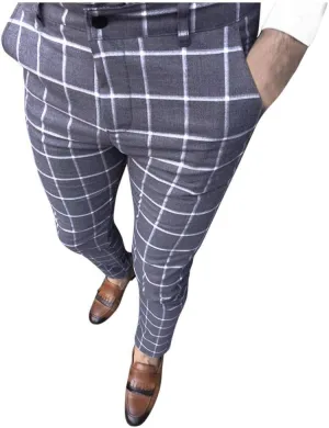 WUAI-Men Chino Pants Elastic Waist Slim Fit Stretch Flat-Front Skinny Plaid Pants
