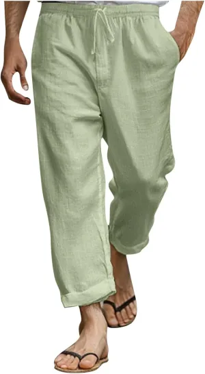 Xiaojmake Capirs Linen Pants Men Relaxed Fit Elastic Waist Cropped Pant with Pockets Beach Yoga Travel Lounge Trousers Summer