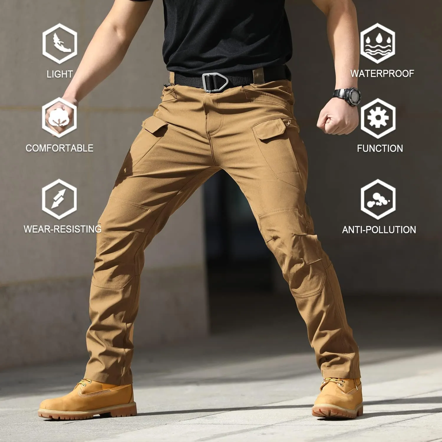 YAXHWIV Men's Flex Ripstop Tactical Pants Lightweight Hiking Casual Cargo Pants Multi Pockets Water Resistant(No Belt)