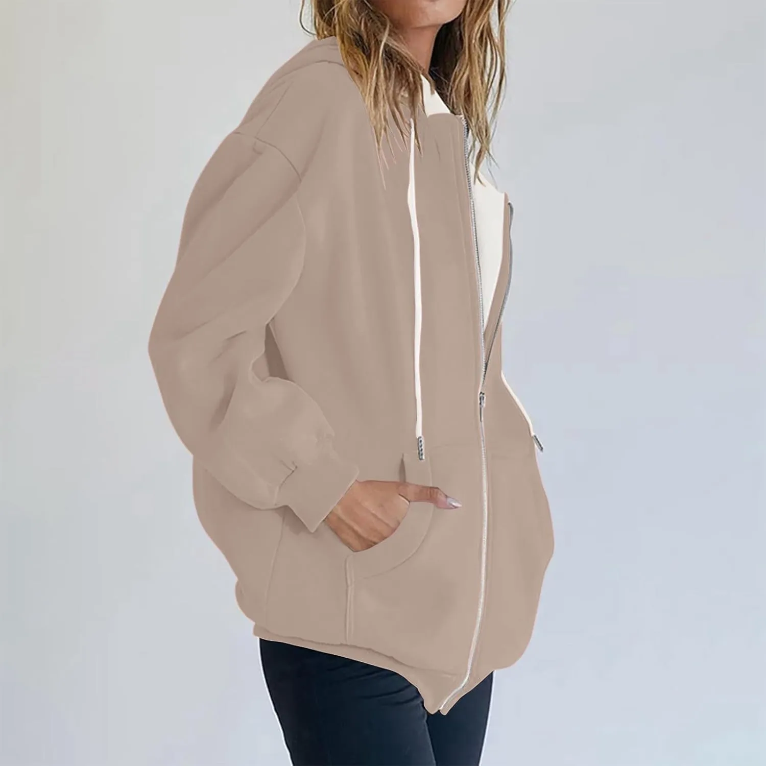 Yesunpxs Womens Zip Up Hoodies Trendy Oversized Casual Long Sleeve Drawstring Hooded Sweatshirts Y2k Drawstring Jacket Coats