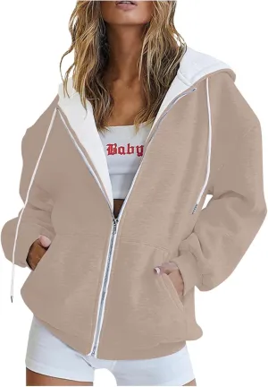 Yesunpxs Womens Zip Up Hoodies Trendy Oversized Casual Long Sleeve Drawstring Hooded Sweatshirts Y2k Drawstring Jacket Coats
