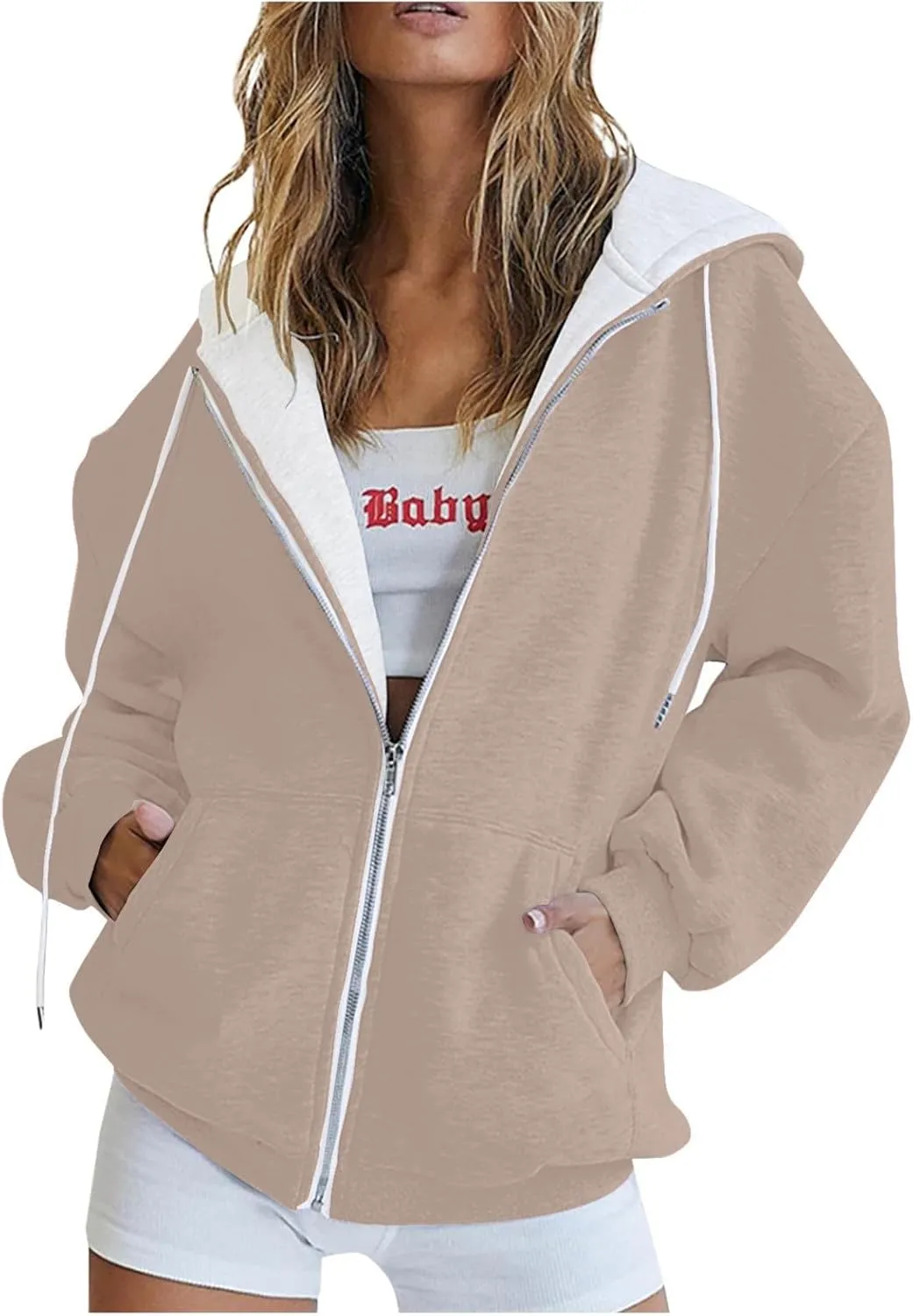 Yesunpxs Womens Zip Up Hoodies Trendy Oversized Casual Long Sleeve Drawstring Hooded Sweatshirts Y2k Drawstring Jacket Coats
