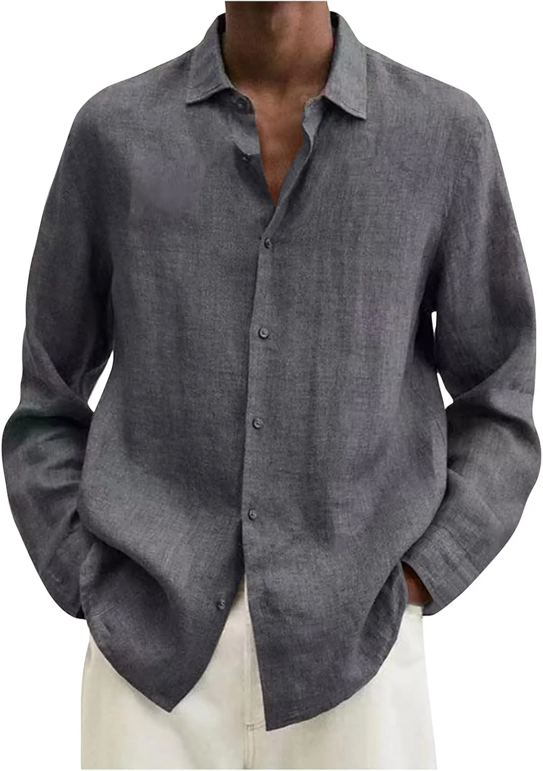 Ymosrh Long Sleeve T-Shirts for Men Spring Summer Men's Casual Cotton Linen Solid Color Shirts Loose Dress Tan