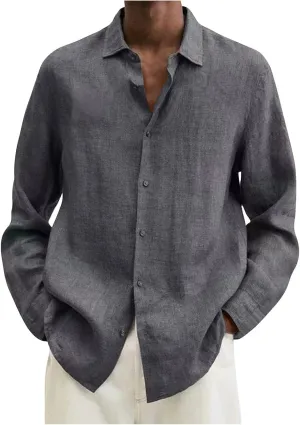 Ymosrh Long Sleeve T-Shirts for Men Spring Summer Men's Casual Cotton Linen Solid Color Shirts Loose Dress Tan
