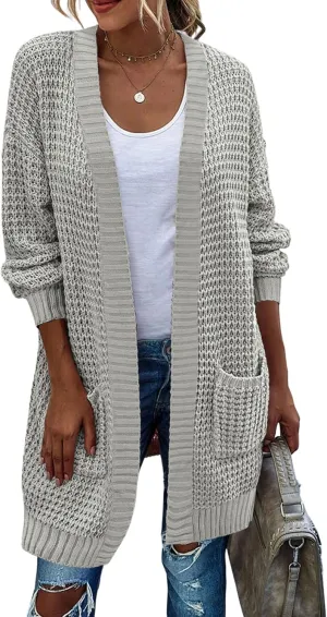 Zeagoo Women's 2025 Fall Open Front Cardigan Long Batwing Sleeve Chunky Knit Sweater Loose Outerwear Coats with Pockets