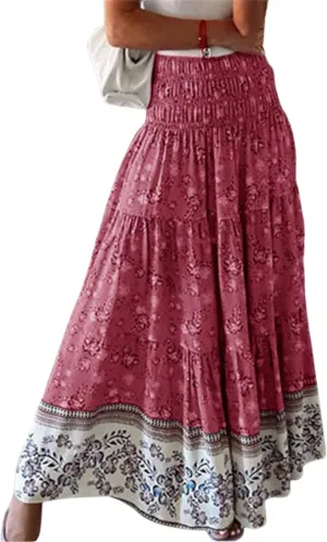ZOCANIA Women's Floral Print Midi Skirt Boho Elastic High Waist Maxi Skirts for Women Ruffle Hem Flowy Casual Semi Skirt