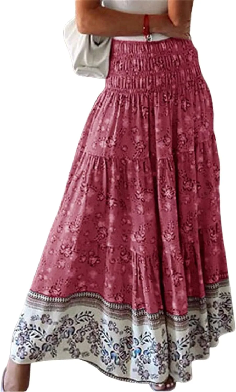ZOCANIA Women's Floral Print Midi Skirt Boho Elastic High Waist Maxi Skirts for Women Ruffle Hem Flowy Casual Semi Skirt