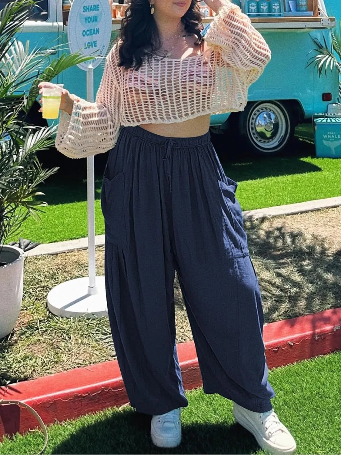 ZOCANIA Womens Pleated High Elastic Waist Linen Pants Drawstring Solid Wide Leg Baggy Pants Comfy Jogger Pants with Pockets
