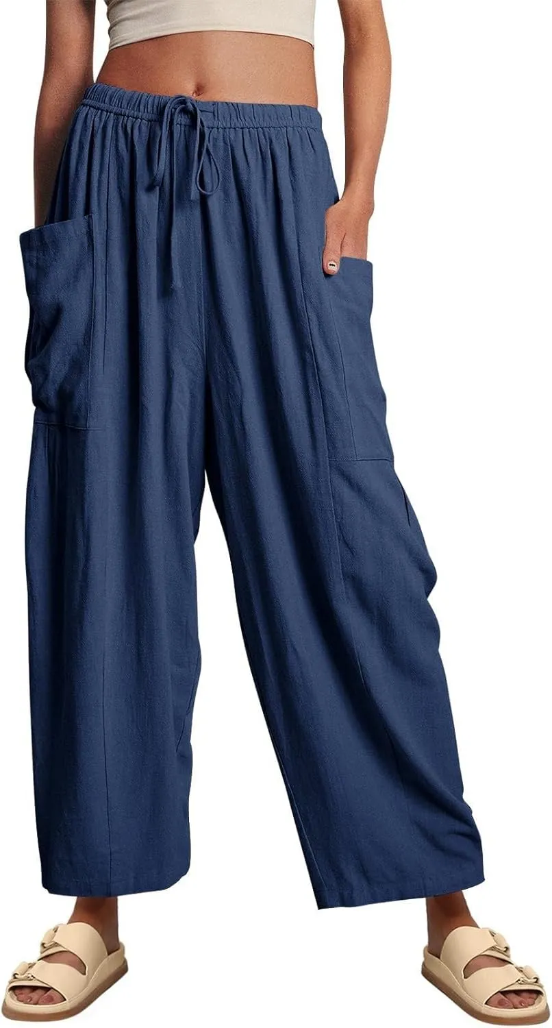 ZOCANIA Womens Pleated High Elastic Waist Linen Pants Drawstring Solid Wide Leg Baggy Pants Comfy Jogger Pants with Pockets