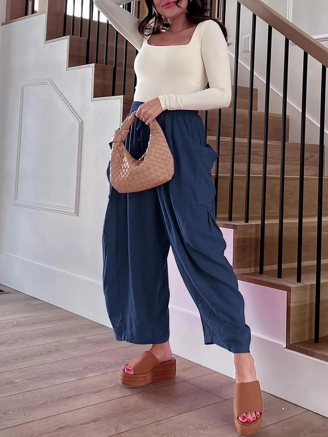 ZOCANIA Womens Pleated High Elastic Waist Linen Pants Drawstring Solid Wide Leg Baggy Pants Comfy Jogger Pants with Pockets
