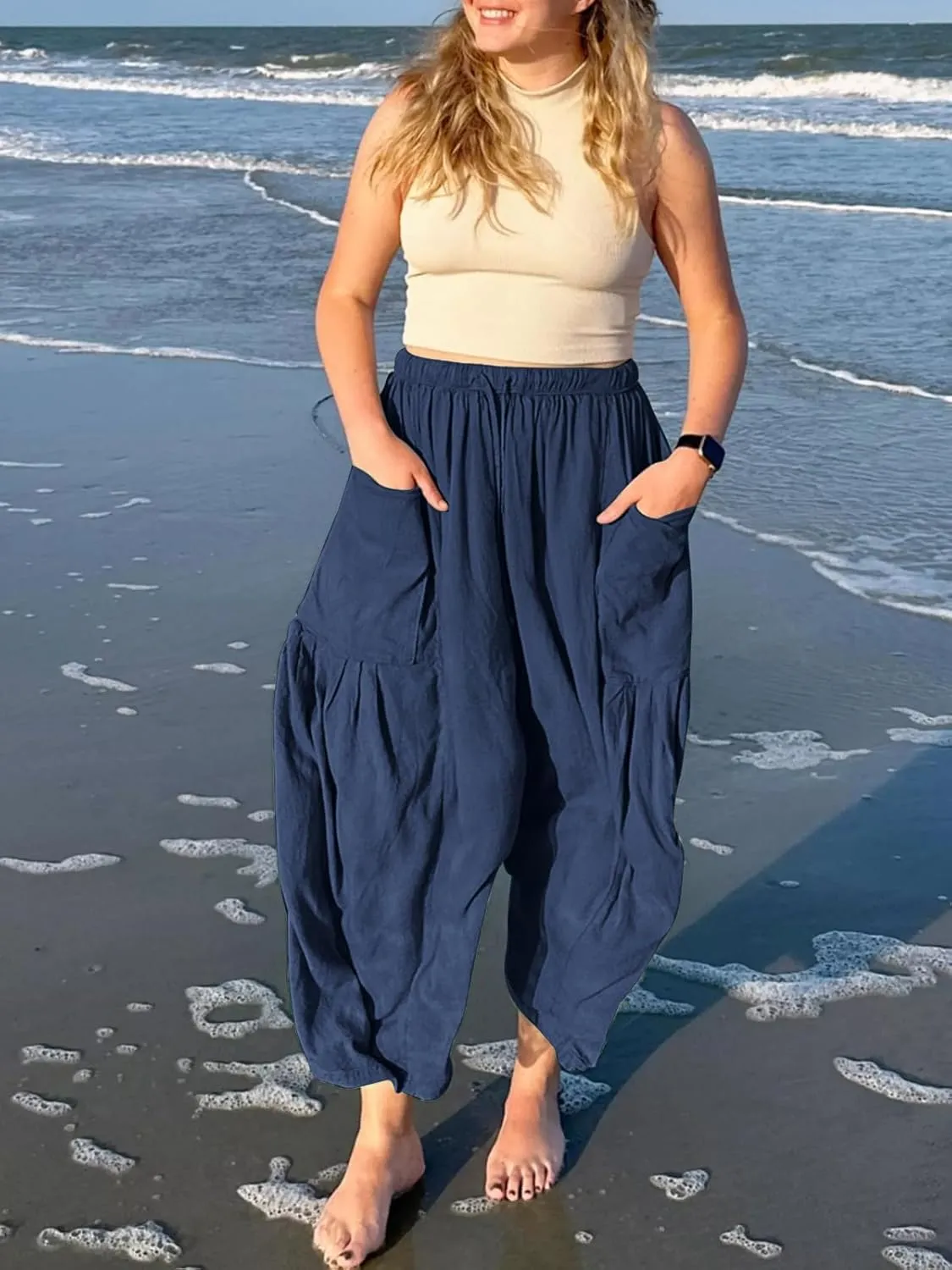 ZOCANIA Womens Pleated High Elastic Waist Linen Pants Drawstring Solid Wide Leg Baggy Pants Comfy Jogger Pants with Pockets