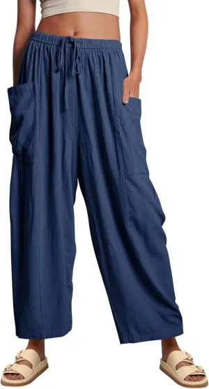 ZOCANIA Womens Pleated High Elastic Waist Linen Pants Drawstring Solid Wide Leg Baggy Pants Comfy Jogger Pants with Pockets