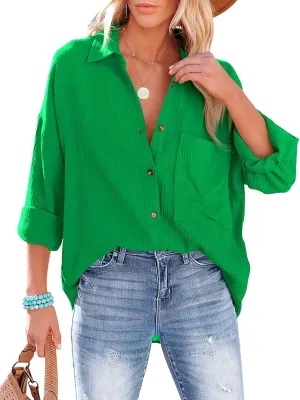 Zontroldy Oversized Button Down Long Sleeve Shirts for Women Solid Color Casual Boyfriend Shirt Boluse Tops