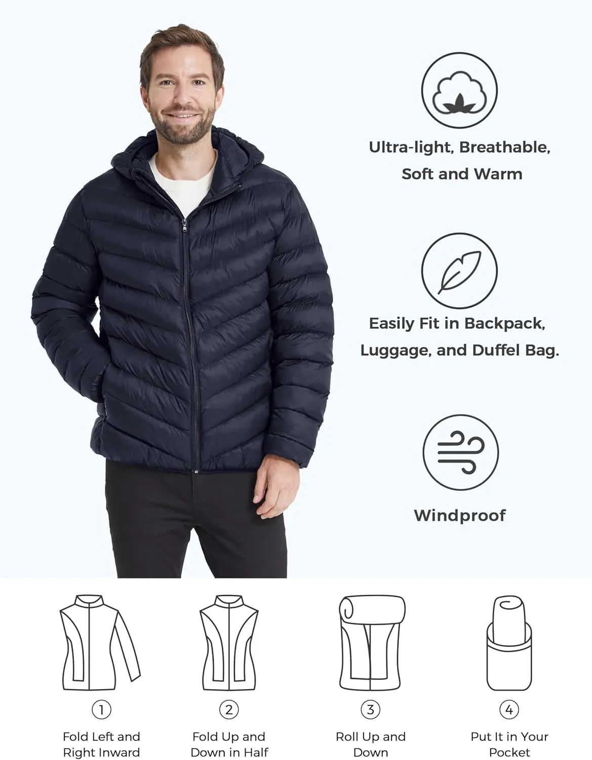 ZSHOW Men's Packable Puffer Jacket Hooded Lightweight Winter Coat for Travel Outdoor Hiking