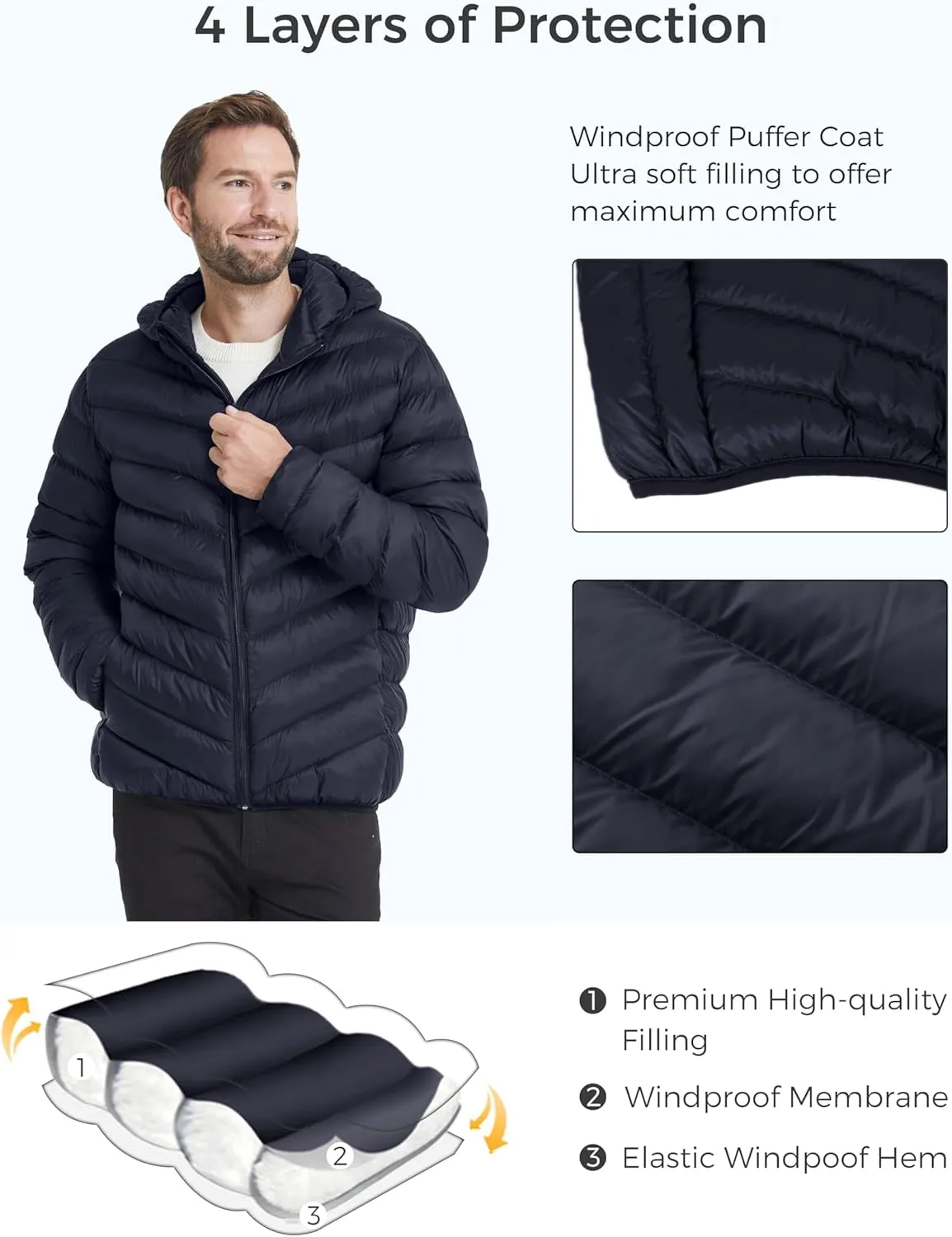 ZSHOW Men's Packable Puffer Jacket Hooded Lightweight Winter Coat for Travel Outdoor Hiking