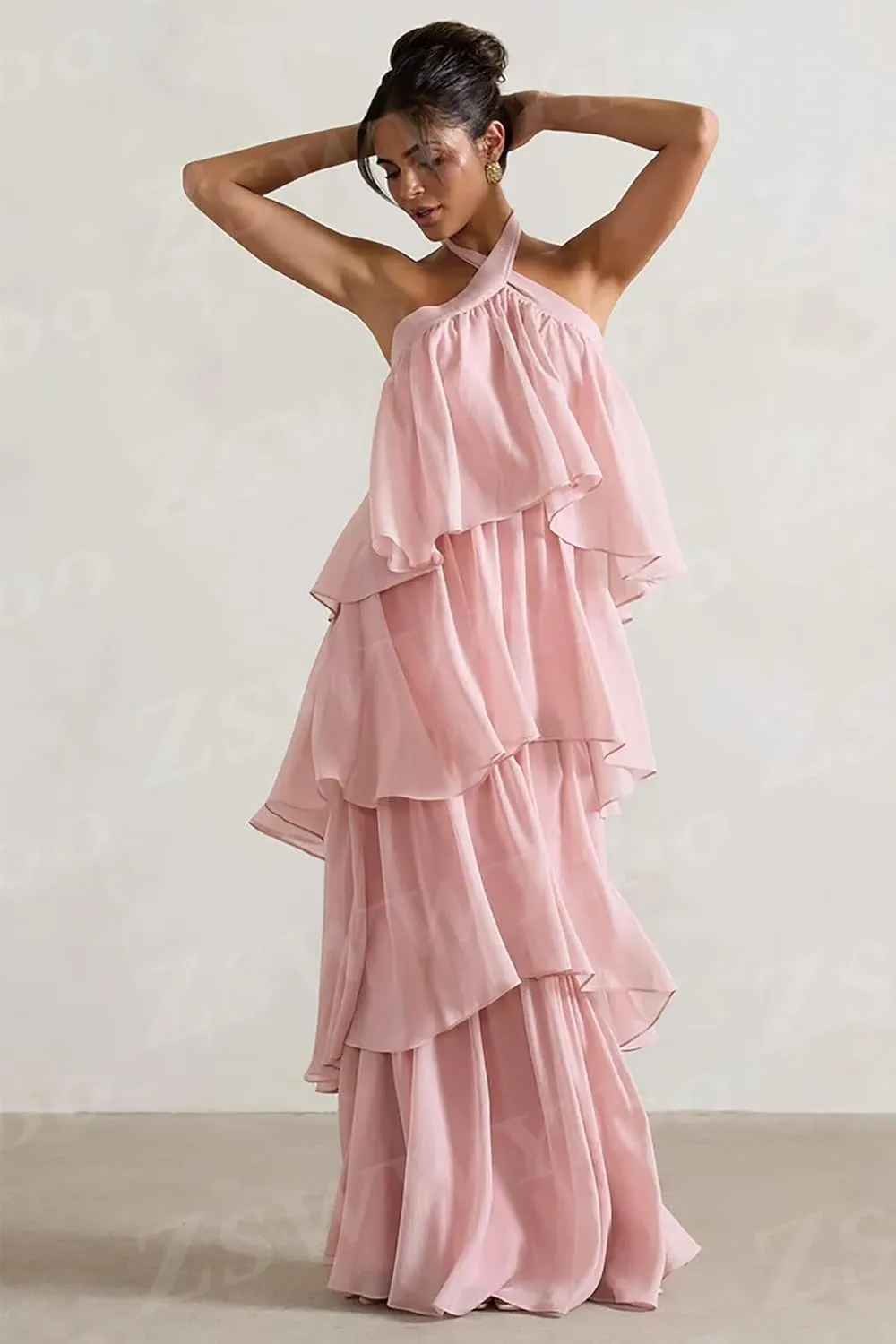 ZSWWYibo Halter Tiered Prom Dresses for Teens Sweetheart Chiffon Cake Dresses Party Dress