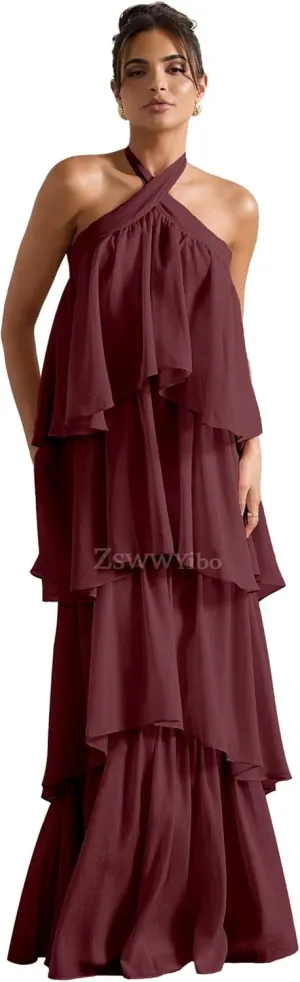 ZSWWYibo Halter Tiered Prom Dresses for Teens Sweetheart Chiffon Cake Dresses Party Dress