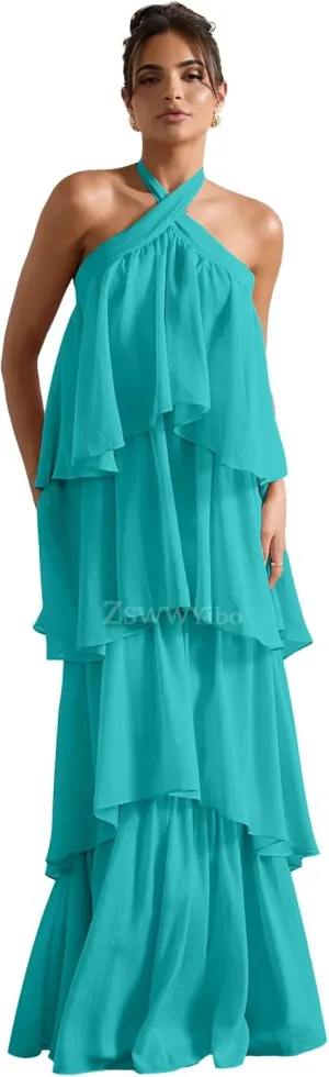 ZSWWYibo Halter Tiered Prom Dresses for Teens Sweetheart Chiffon Cake Dresses Party Dress